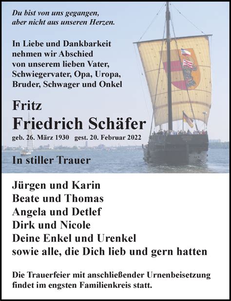 Traueranzeigen von Fritz Friedrich Schäfer trauer anzeigen de