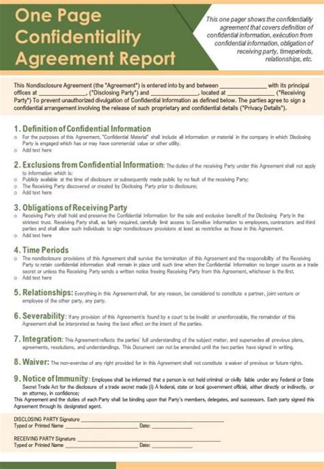 One Page Confidentiality Agreement Report Presentation Report Infographic Ppt Pdf Document