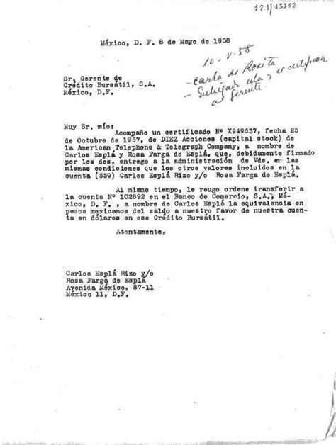 Carta Fechada El 8 De Mayo De 1958 De Carlos Esplá Y Rosa Fargá De Esplá Al Sr Gerente De