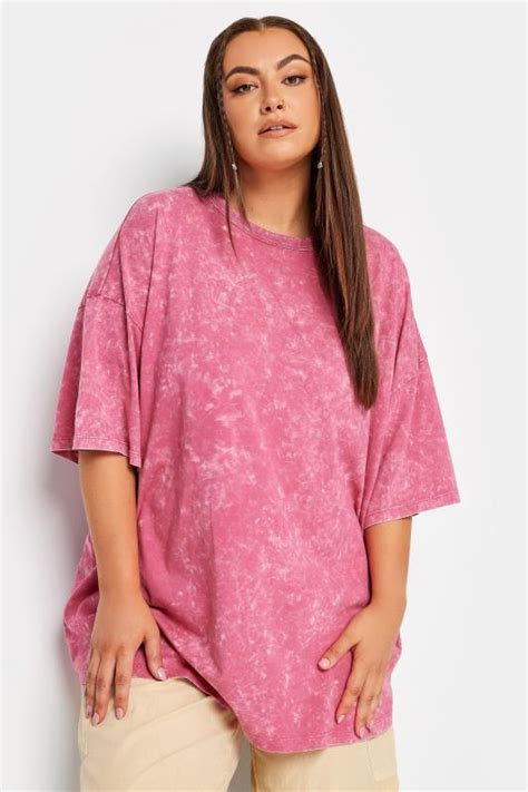 Yours Plus Size Curve Pink Acid Wash Oversized Boxy T Shirt Yours