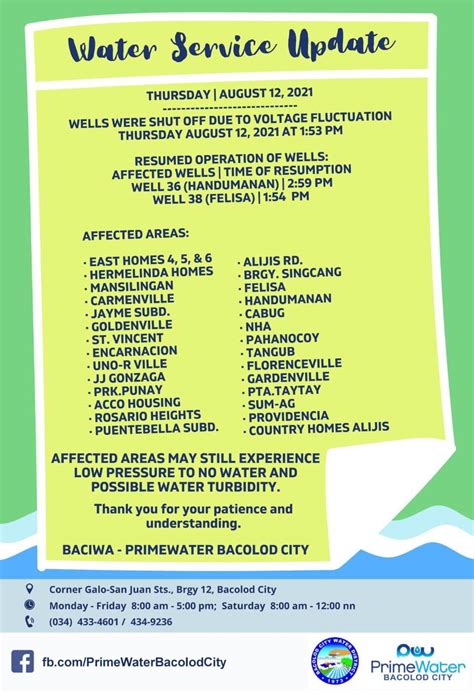 Baciwa Primewater Bacolod City Water Service Updates August 12 2021