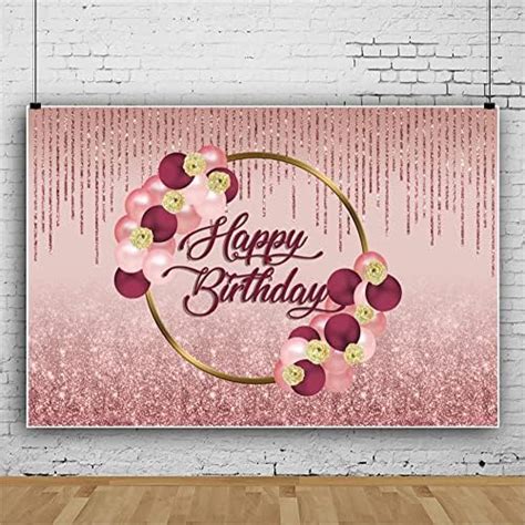 Floral Happy Birthday Backdrop For Women Girls Burgundy Flowers Rose Gold Glitter Bokeh Spots