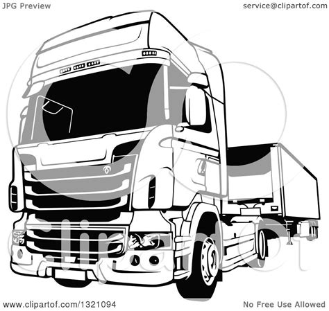 Clipart of a Black and White Lorry Big Rig Truck - Royalty Free Vector ...