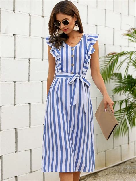 Vertical Striped Ruffle Trim Belted Dress Shein Eur Beautiful Dress