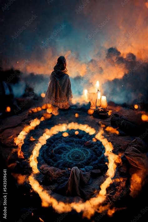 Horror witch ritual with fire circle and burning fire, Digital art ...