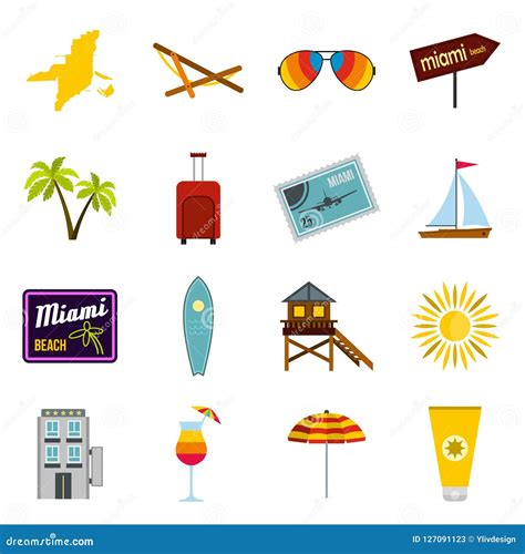 Miami Icons Set, Flat Style Stock Illustration - Illustration of