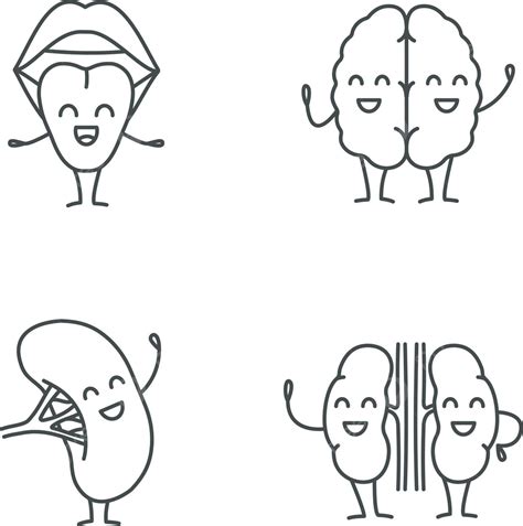 Set Of Linear Icons Featuring Smiling Characters Of Human Internal