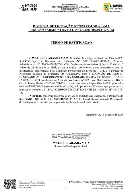 TERMO DE RATIFICAÇÃO Prefeitura Municipal de Altamira Gestão 2025 2028