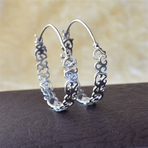 925 Sterling Silver Filigree Hoop Earrings Delicate Hoop Etsy