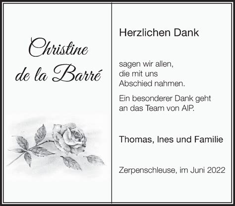 Traueranzeigen von Christine de la Barré Märkische Onlinezeitung