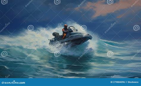 Digital Art Painting Of Man Driving Speed Boat Stock Illustration