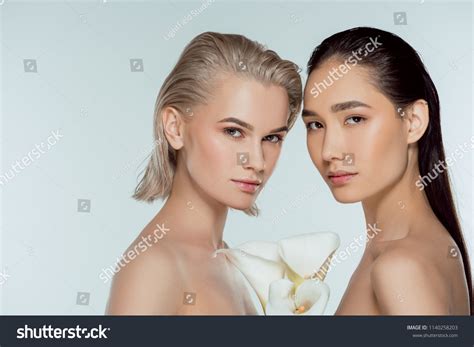 Nude Multiethnic Women Posing White Calla Stock Photo 1140258203