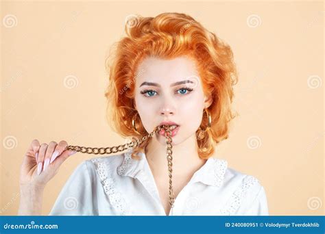 Portrait Of Beautiful Girl Redhead Woman Close Up Portrait With Golden