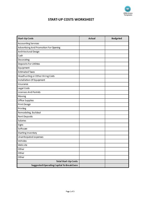 Startup Cost Worksheet Template