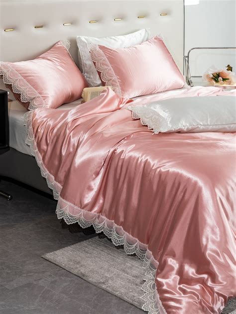 Plain Lace Decor Duvet Cover Set Without Filler Satin Bedding