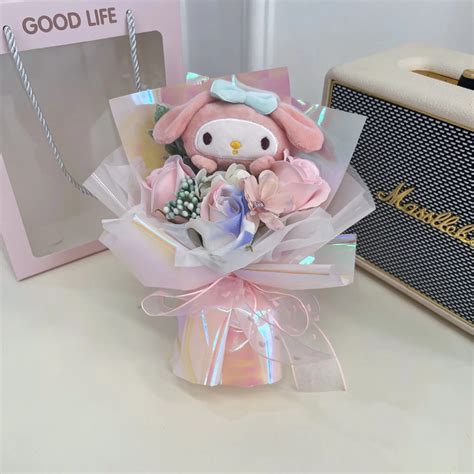 New Sanrio Cinnamoroll Kuromi Pom Pom Purin My Melody Plush Doll Kawaii Bouquets Flowers Cartoon