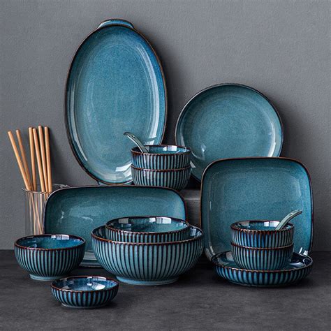 Blue Tableware Set Kiln Glazed Ceramic Rice Salad Round Dish Dinner