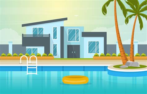 Modern House Villa Exterior With Swimming Pool At Backyard Illustration