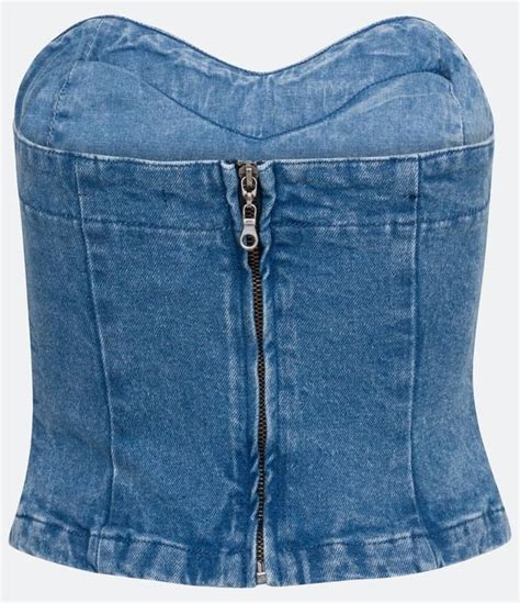 Blusa Cropped Tomara Que Caia em Jeans Decote Coração Azul