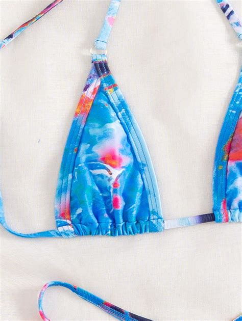 Tie Dye Bikini Set Halter Micro Triangle Bra V String Bikini Bottom