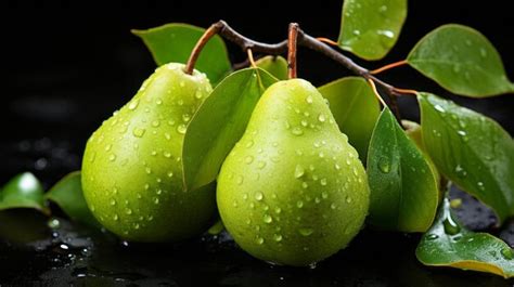 Premium AI Image Fresh Pear Fruit With Water Droplets On Branch In