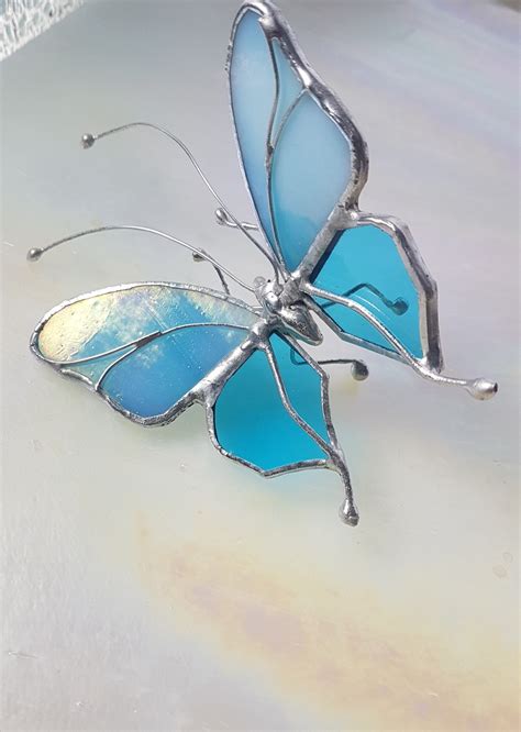 Stained Glass Aqua And Ice Blue Butterfly Suncatcher Hanging Etsy