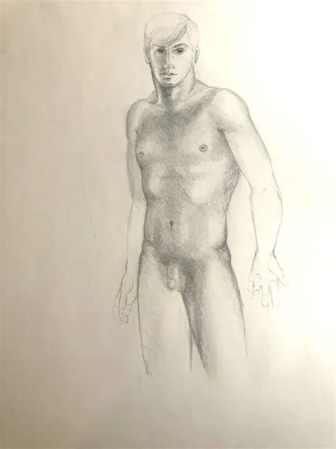 Original Pencil Drawing Male Nude Self Portrait Not A Print