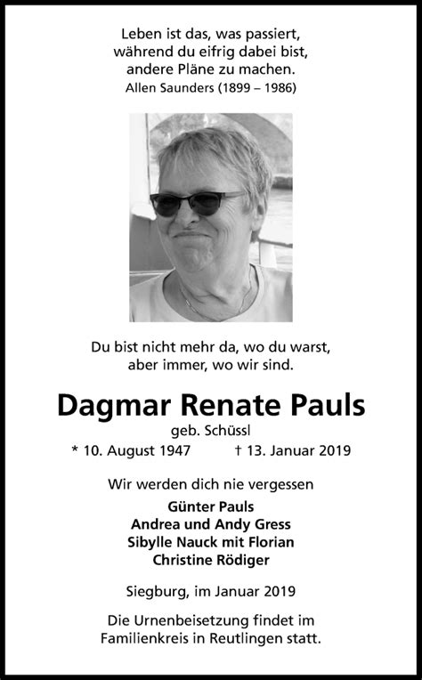 Traueranzeigen Von Dagmar Renate Pauls WirTrauern