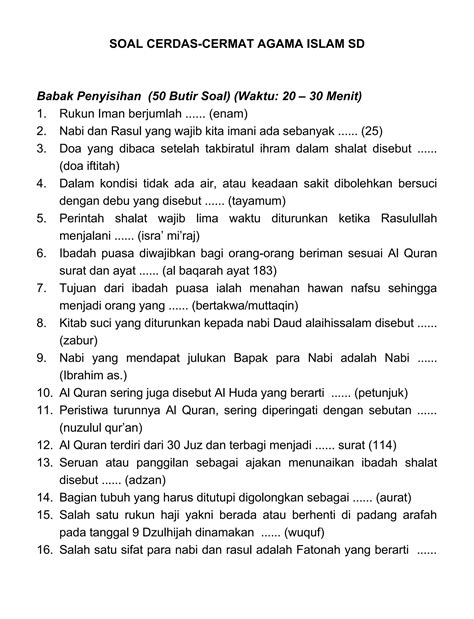 Soal Cerdas Cermat Agama Islam Sd Kelas 4 5 6 6