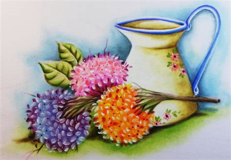 Do Desenho a Pintura Hortênsias e Jarro de Porcelana Pintura em