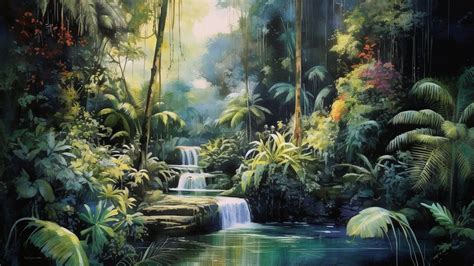 Jungle Stream Ai Art Watercolor Painting Lush Rainforest Cascading