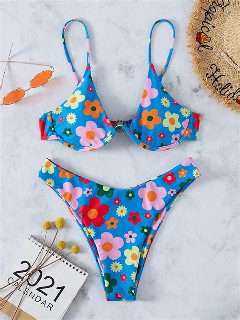 Emmiol Free Shipping 2024 Underwire Floral Print Bikini Set Blue M In