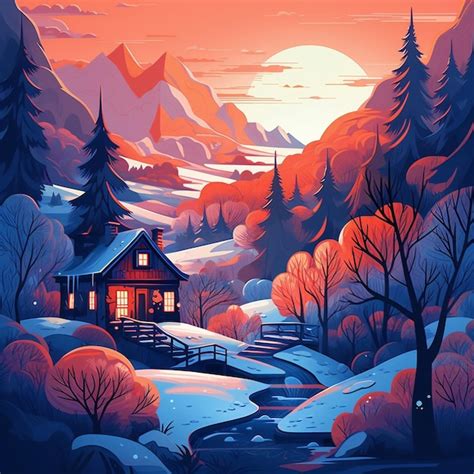 Premium AI Image | A painting of a house in a snowy landscape