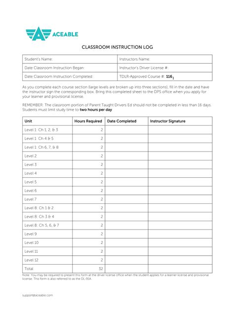 Aceable Classroom Instruction Log Editable Template Airslate Signnow