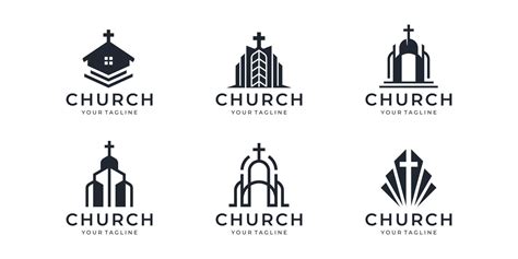 Set Of Abstract Church Logo Cross On Top Tower Roof Building For