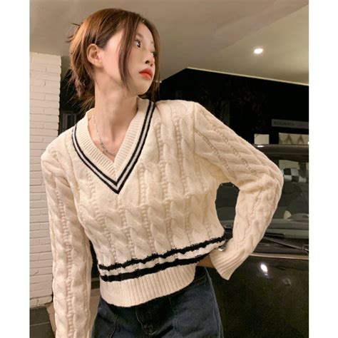 Jual Sweater Rajut Pendek V Neck Wanita Versi Korea Sweater Pendek