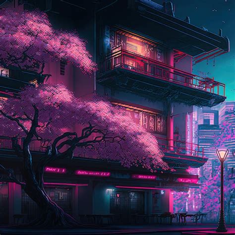 Paisagem Japonesa Da Cidade Da Noite Da Fantasia Luz De Neon