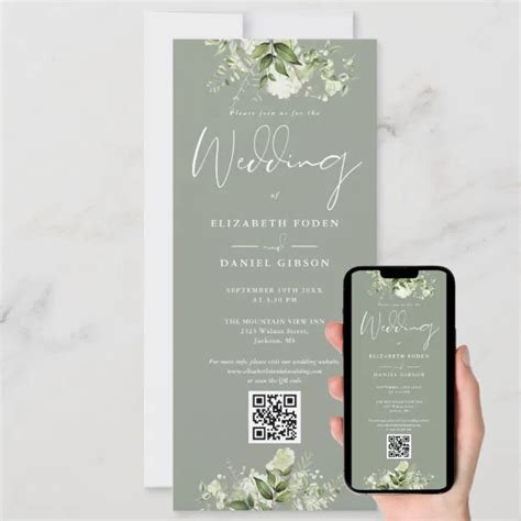 Greenery Floral Sage Green Qr Code Wedding Invitation Zazzle