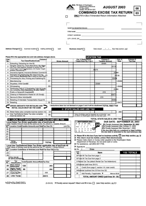 Combined Excise Tax Return State Of Washington 2003 Printable Pdf