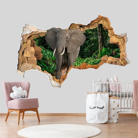 Elephant Wall Decal Hole in Wall Decor Safari Animals Wall Decal 3D ...