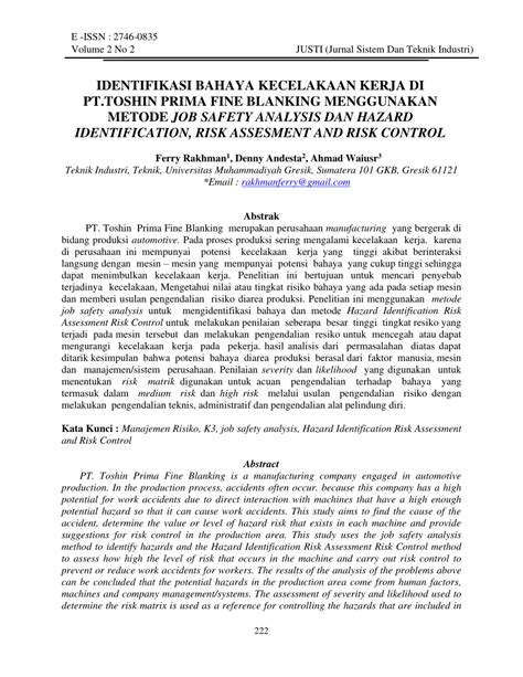 Pdf Identifikasi Bahaya Kecelakaan Kerja Di Pttoshin Prima Fine Blanking Menggunakan Metode