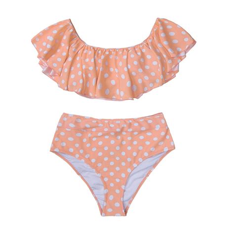 Free Shipping Pink Peach Polka Dot Ruffled Bikini Sets Jkp