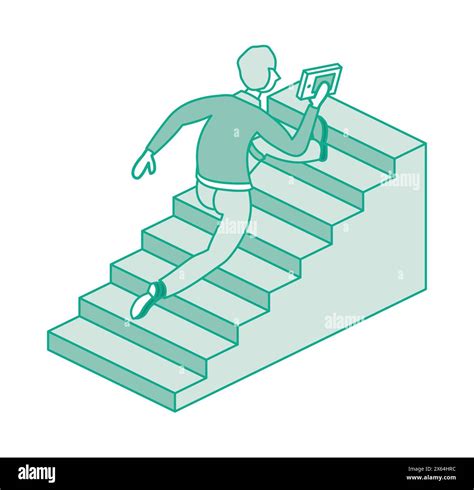 Man Run Up Set Of Stairs He Is Holding Book In Hand Isometric Concept