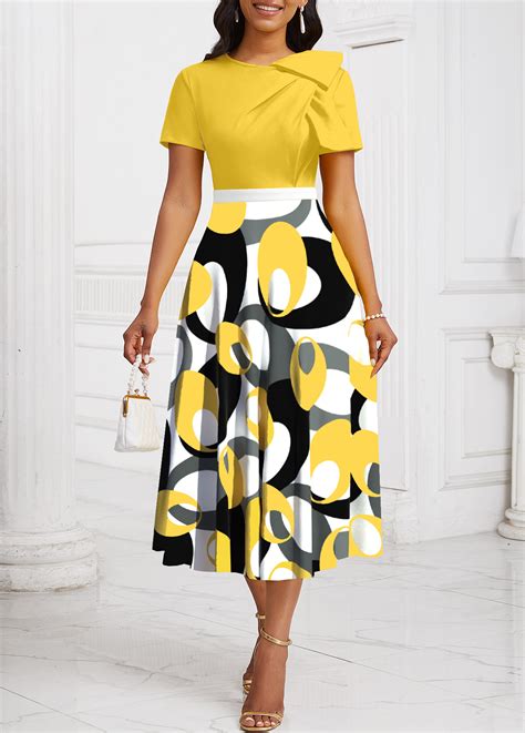 Rotita Patchwork Geometric Print Yellow Round Neck Short Sleeve Dress