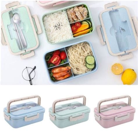 Jual Set Kotak Tempat Makan Gagang Pegangan Bento Lunch Box Jerami