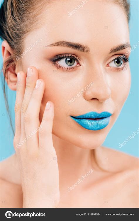 Naked Beautiful Woman Blue Lips Touching Face Isolated Blue Stock