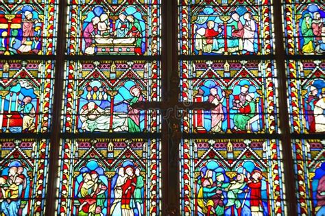 Stained Glass Windows Inside The Notre Dame Cathedral Paris France