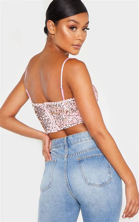 Light Pink Velvet Sequin Crop Top Tops Prettylittlething Aus Sequin Crop Top Crop Tops