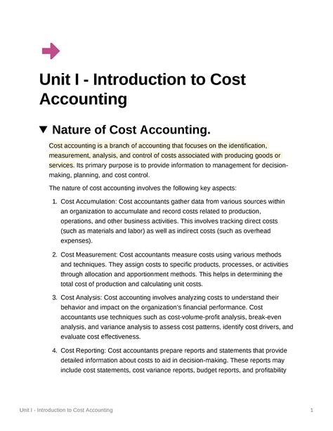 Unit I Introduction To Cost Accounting Unit I Introduction To