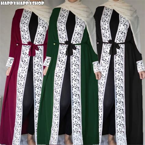 Vestido muçulmano abaya elegante maxi vestido rendado frente aberta